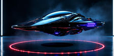 A futuristic black spacecraft with colored LED lights hovers above a ring of red LED lights in the dark, reflective floor. This is inside of a black and smokey studio space.