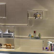 Interior wall of a house featuring intricate glass shelves that contain various book collections and sculptures. Dramatic lighting.