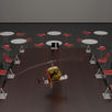 Conference room with many iPads mounted to a large conference table. a two-foot scaled helicopter hovers over the table.