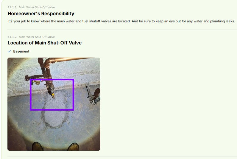 Screenshot: a Tech Inspect report section showing the documented location of the main shutoff.