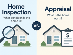 Home inspection vs. appraisal infographic comparing a home inspection for property condition with an appraisal for home value.
