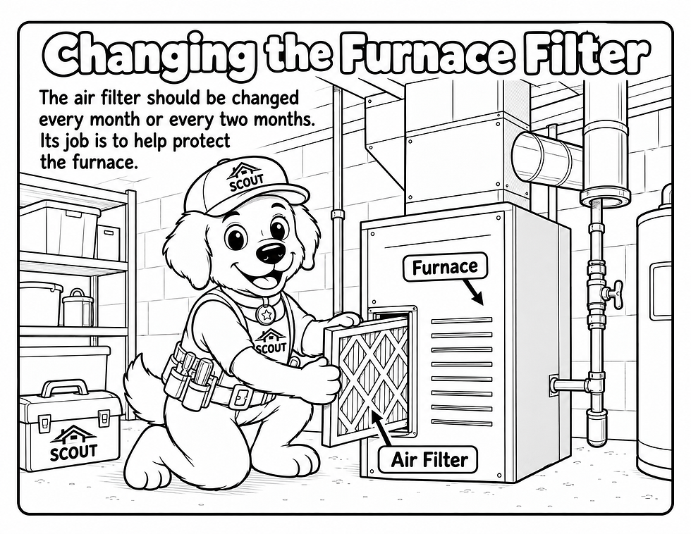 Example page from the STEM based Junior Homeowner: How a House Works coloring book showing how to change the HVAC air filter.