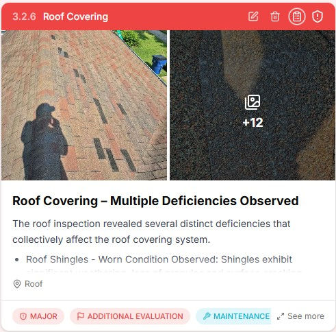 Example from an Inspection report of a roof with significant issues