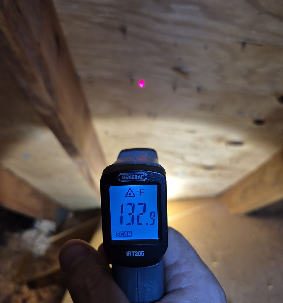Field Photo: Inspector taking a surface reading of the attic deck from inside the attic to gather data. The air temp was 100* and the deck temp was 132*. There was a lack of air intake in this part of the attic.