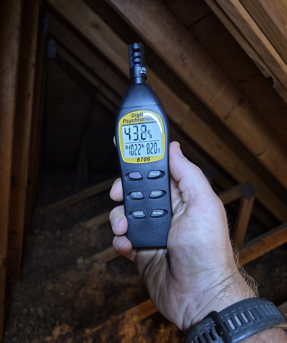 Field Photo:Environmental Reading taken in the attic during the inspection, to gather comparison data and better understand the attics performance.
