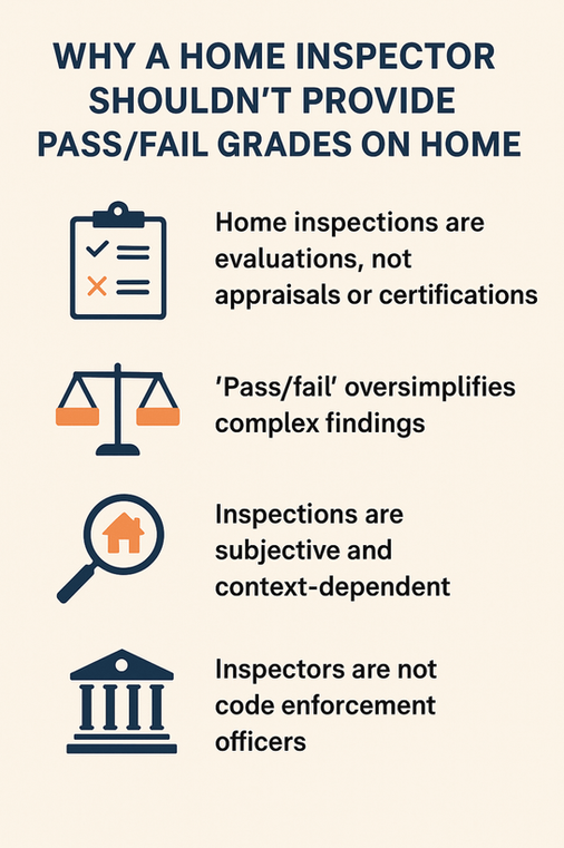 The image is an informative graphic titled "WHY A HOME INSPECTOR SHOULDN'T PROVIDE PASS/FAIL GRADES ON HOME." It lists four reasons, each with an accompanying icon: 1. An icon of a clipboard with check and X marks, stating "Home inspections are evaluations, not appraisals or certifications." 2. An icon of balanced scales, stating "'Pass/fail' oversimplifies complex findings." 3. An icon of a magnifying glass with a house inside, stating "Inspections are subjective and context-dependent." 4. An icon of a government building, stating "Inspectors are not code enforcement officers." The overall scene is clean and focused on the information, with no recognizable figures, landmarks, or brands present.