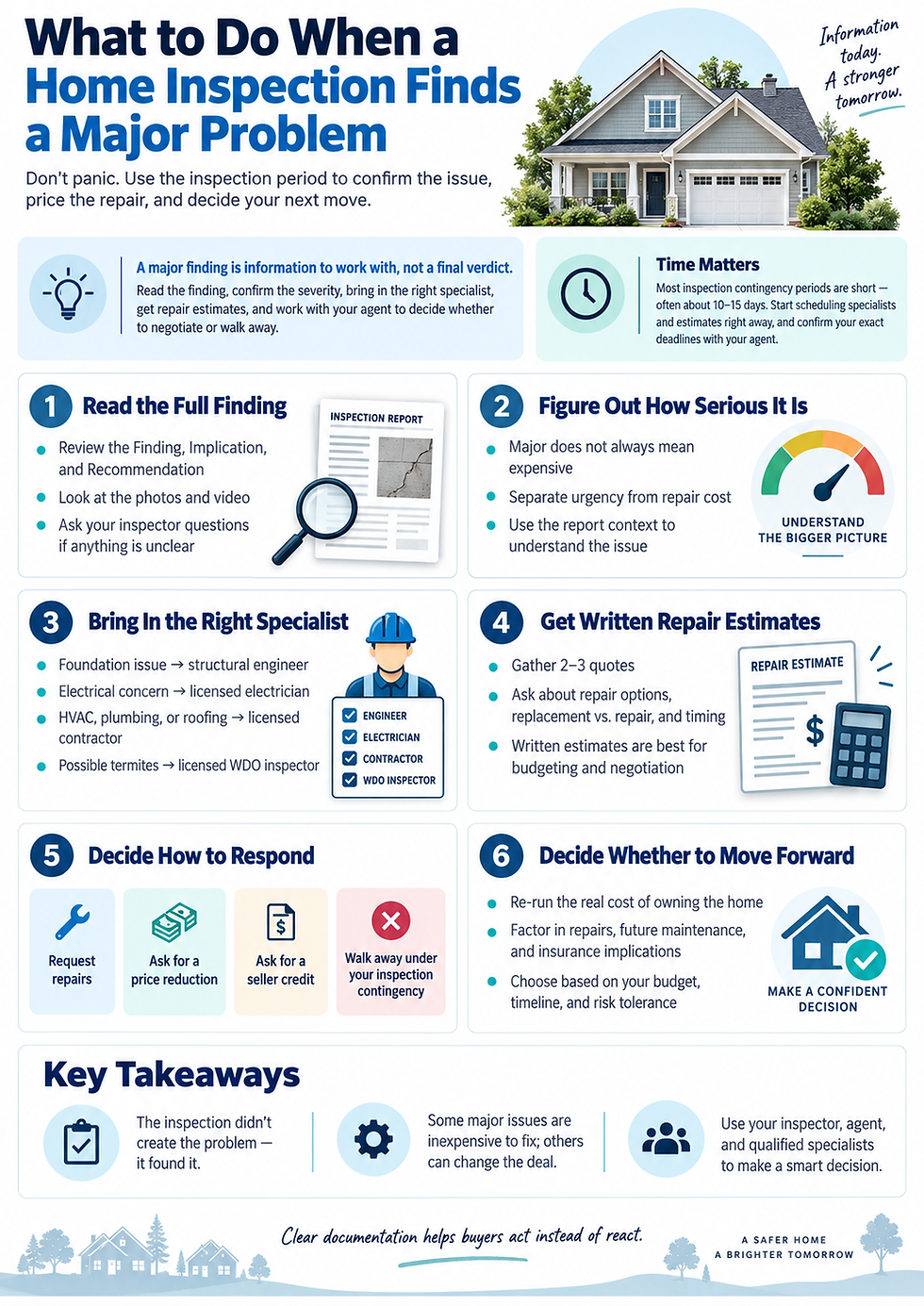Infographic describing what's in the blog post and how Tech Inspect home inspection reports, supports home buyers when major issues are found.