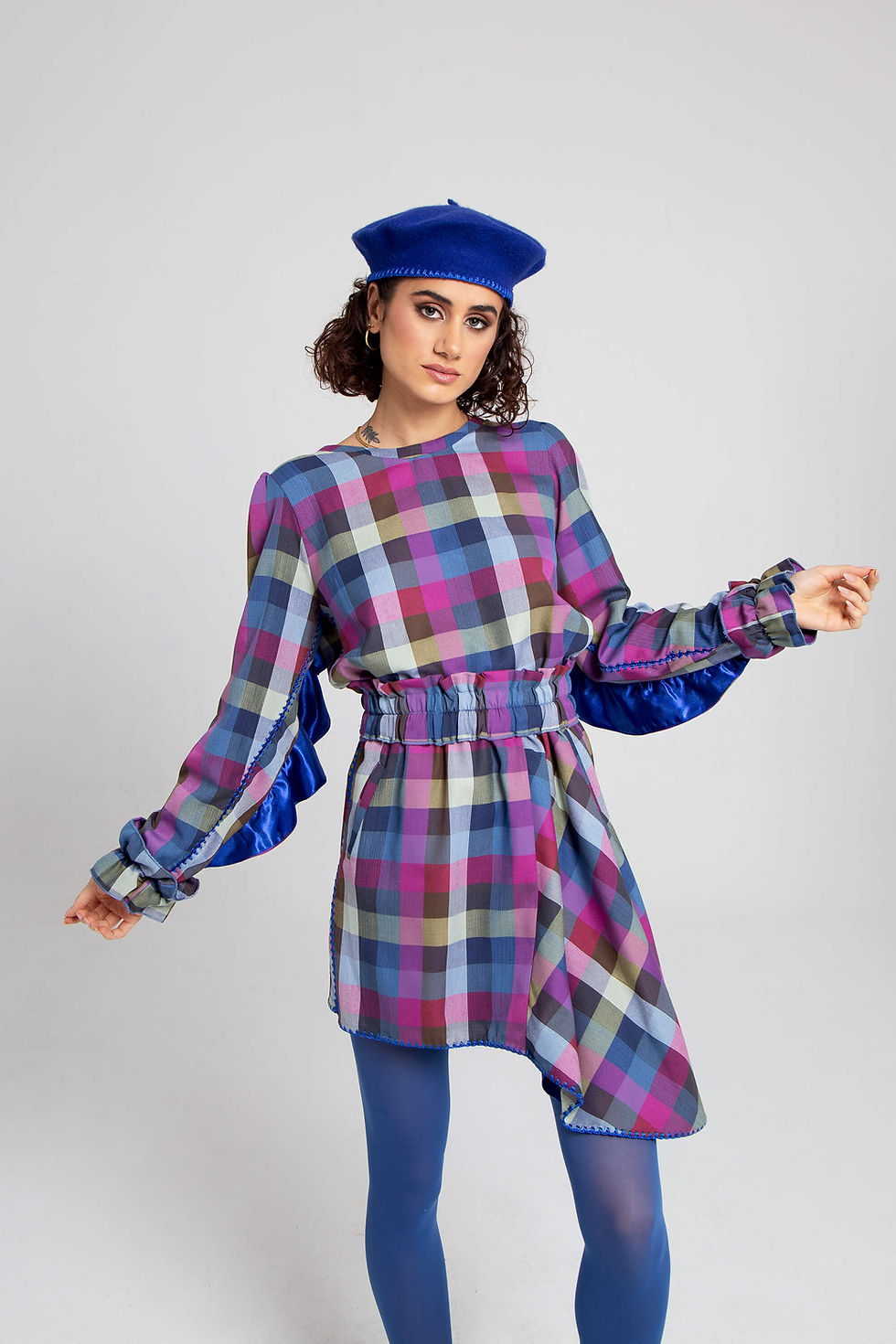 Thumbnail: MARIE VICHY BLUE RUFFLES BLOUSE