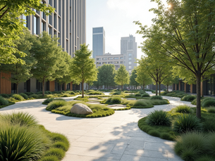 Wide angle view of urban park showcasing sustainable design elements.