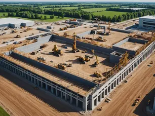 Wide angle view of construction site with drone surveying the area