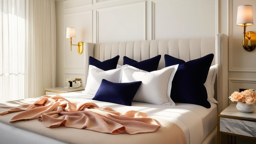 Hotel room styled with Evvola home living elegance_ navy velvet pillows, golden wall lamps, custom bedding, marble bedside table, delicate peach-toned throws, and classic white wall panels. Soft sunlight entering thro