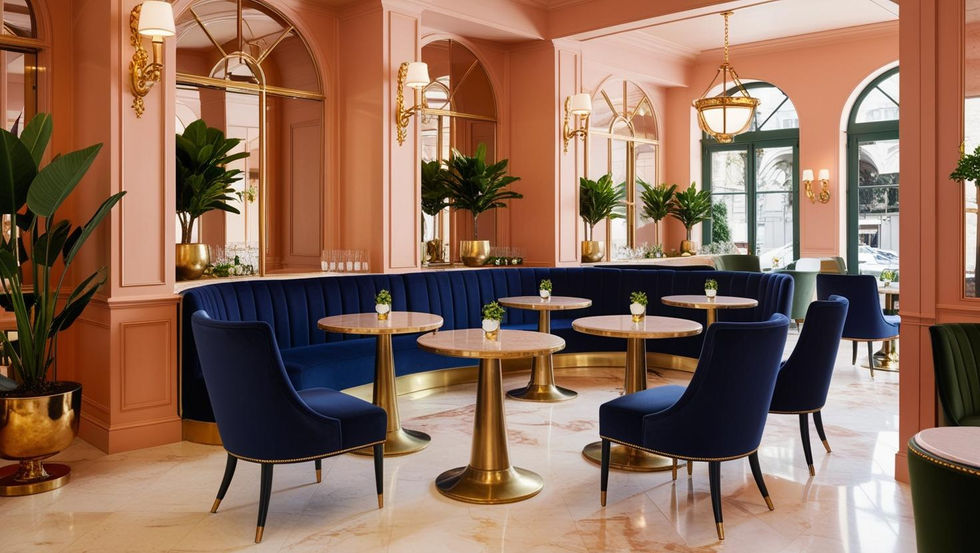 Chic hotel cafe interior with navy blue velvet seating, soft peach-toned walls, olive green accents in decor and plants, golden details on lighting and furniture. Marble flooring, round brass tables, elegant ambie (2)