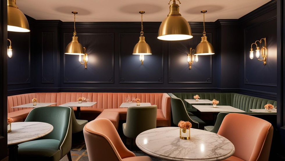 Evening hotel cafe interior with dark navy walls, brushed gold pendant lights, peach and sage green velvet seating, marble tables, and warm lighting. Classy and intimate ambiance, with classical paneling and luxur (1)