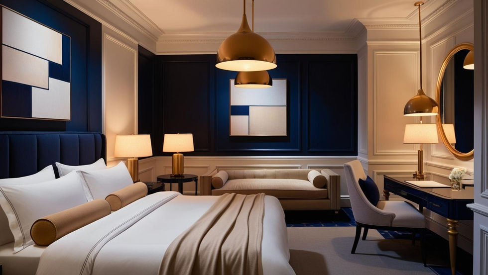Evening view of a luxury hotel room with navy and gold color scheme, warm indirect lighting, gold pendant lamps, soft bedding with white and beige layers. Elegant artwork, classic crown molding, and designer furni (2)