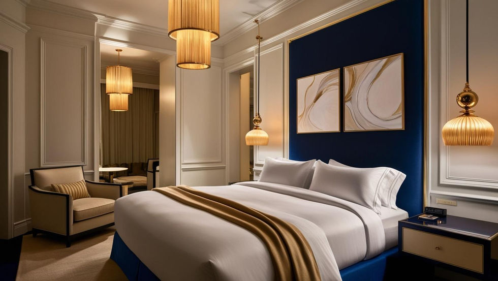 Evening view of a luxury hotel room with navy and gold color scheme, warm indirect lighting, gold pendant lamps, soft bedding with white and beige layers. Elegant artwork, classic crown molding, and designer furni (1)