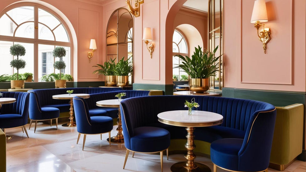 Chic hotel cafe interior with navy blue velvet seating, soft peach-toned walls, olive green accents in decor and plants, golden details on lighting and furniture. Marble flooring, round brass tables, elegant ambie (1)