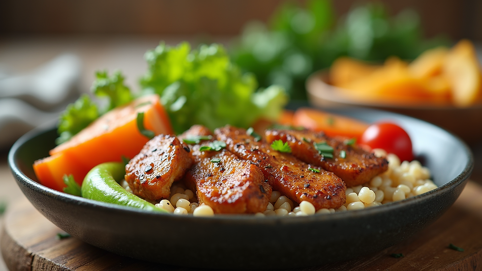 Close-up view of a balanced meal with vegetables, protein, and grains