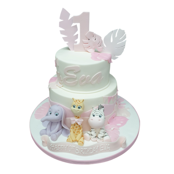 Adorable pastel cake featuring cute animal decorations, perfect for a special celebration in UK.