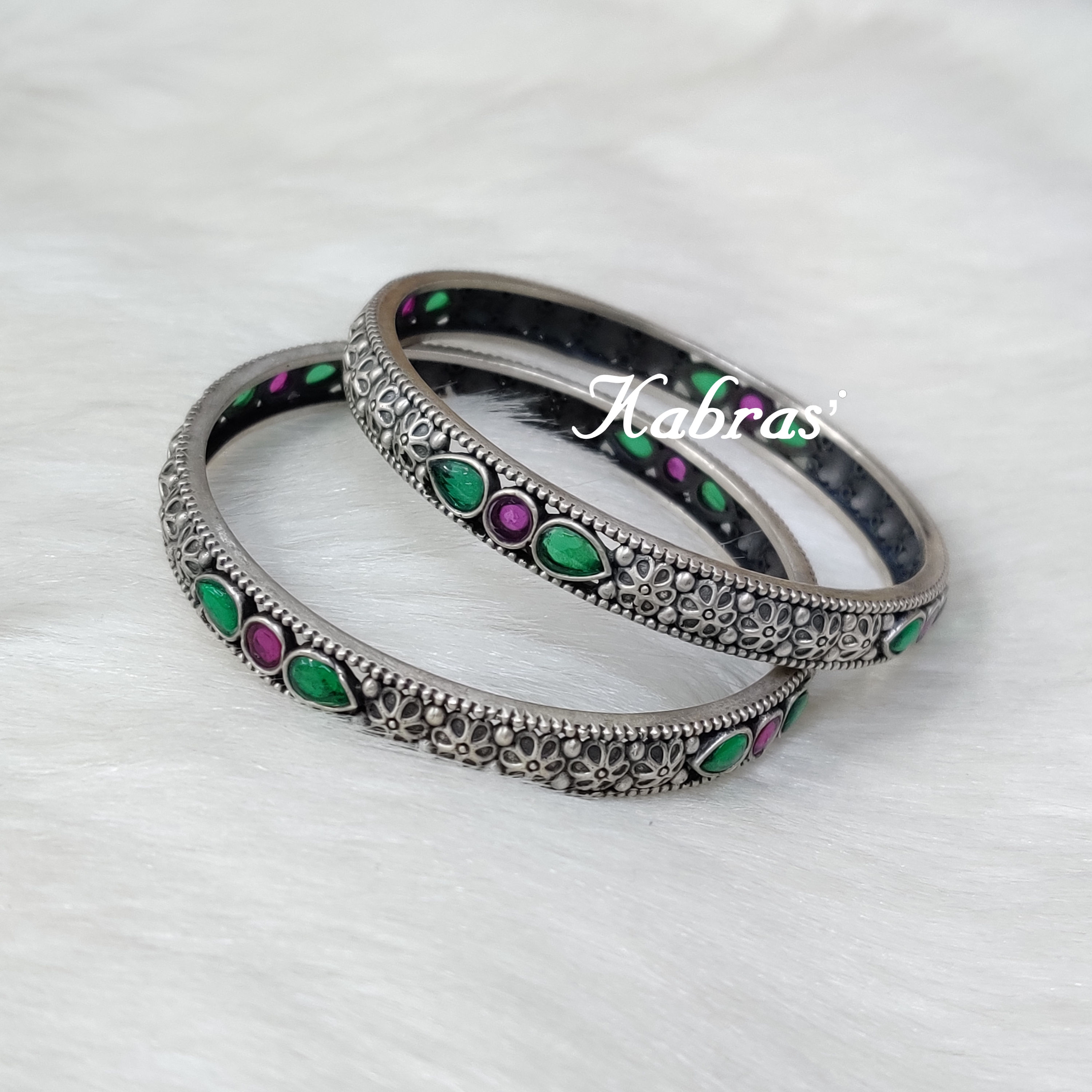 Pair of Floral Vayuna bangles with intricate temple jewellery inspiration and handcrafted in 92.5 Silver, Hallmarked silver