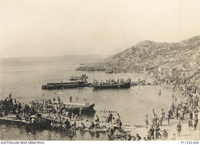 20_6 A view of Anzac Cove. Original inscription reads_ _Anzacs enjoying a dip whilst out o