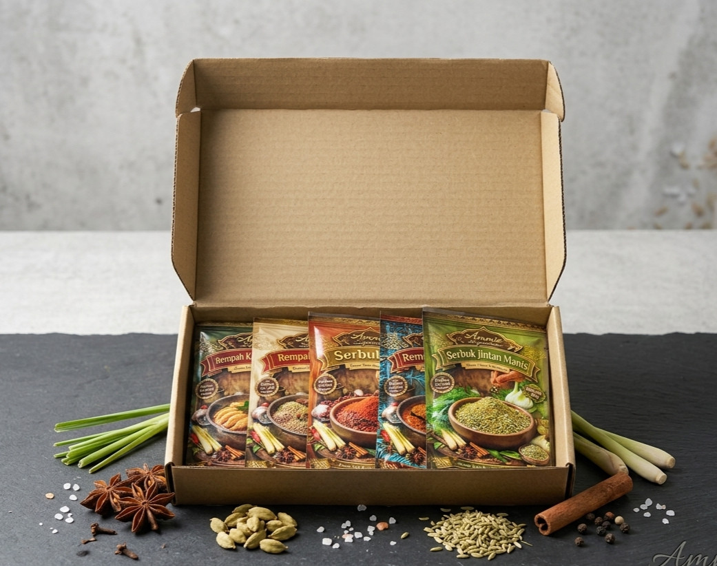 Open box with assorted spice packets and raw spices