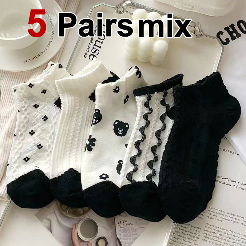 Thumbnail: 5/10/20 Pairs Women Cartoon Flower Printed Short Socks Cute Sweet Style Soft Com