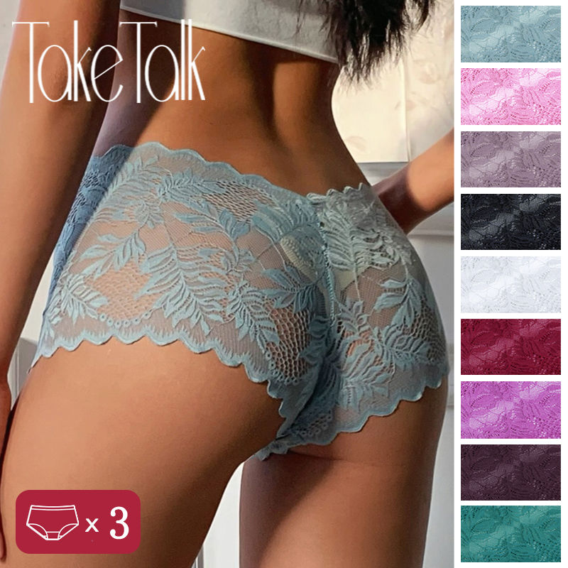 3PCS Women Sexy Lace Panties Floral Leaves Transparent Uderwear V-Waist Boyshort