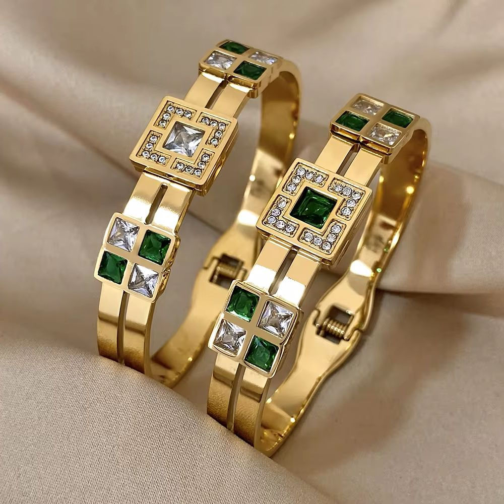 Freetry Exquisite Stainless Steel Large Green Zircon Gold Plated Bracelet Rhines
