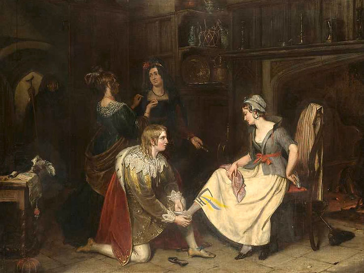 A painting of the prince checking if the glass slipper fits Cinderella