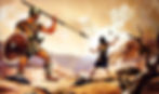 A painting of the biblical scene where David beats the giant Goliath with a slingshot