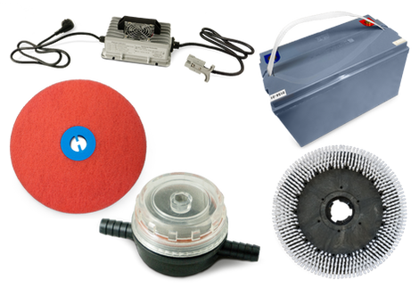 Hauptreinigungsbürste, Batterie, Ladegerät, Reinigungspad, Frischwasserfilter