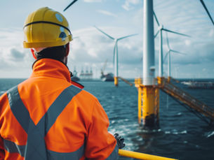 Offshore engineer looking out to sea at wind turbines