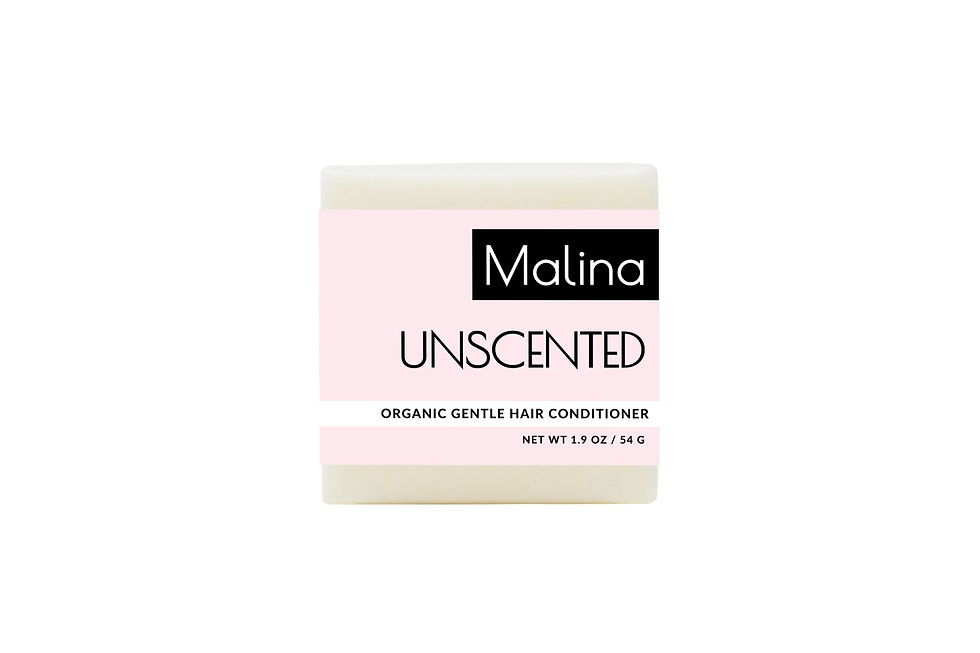 Thumbnail: Bar of Malina Unscented Organic Gentle Hair Conditioner on a white background. Pink and black packaging.