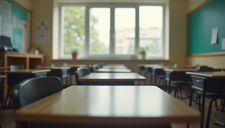 Eye-level view of a classroom with an empty desk and chair near a window