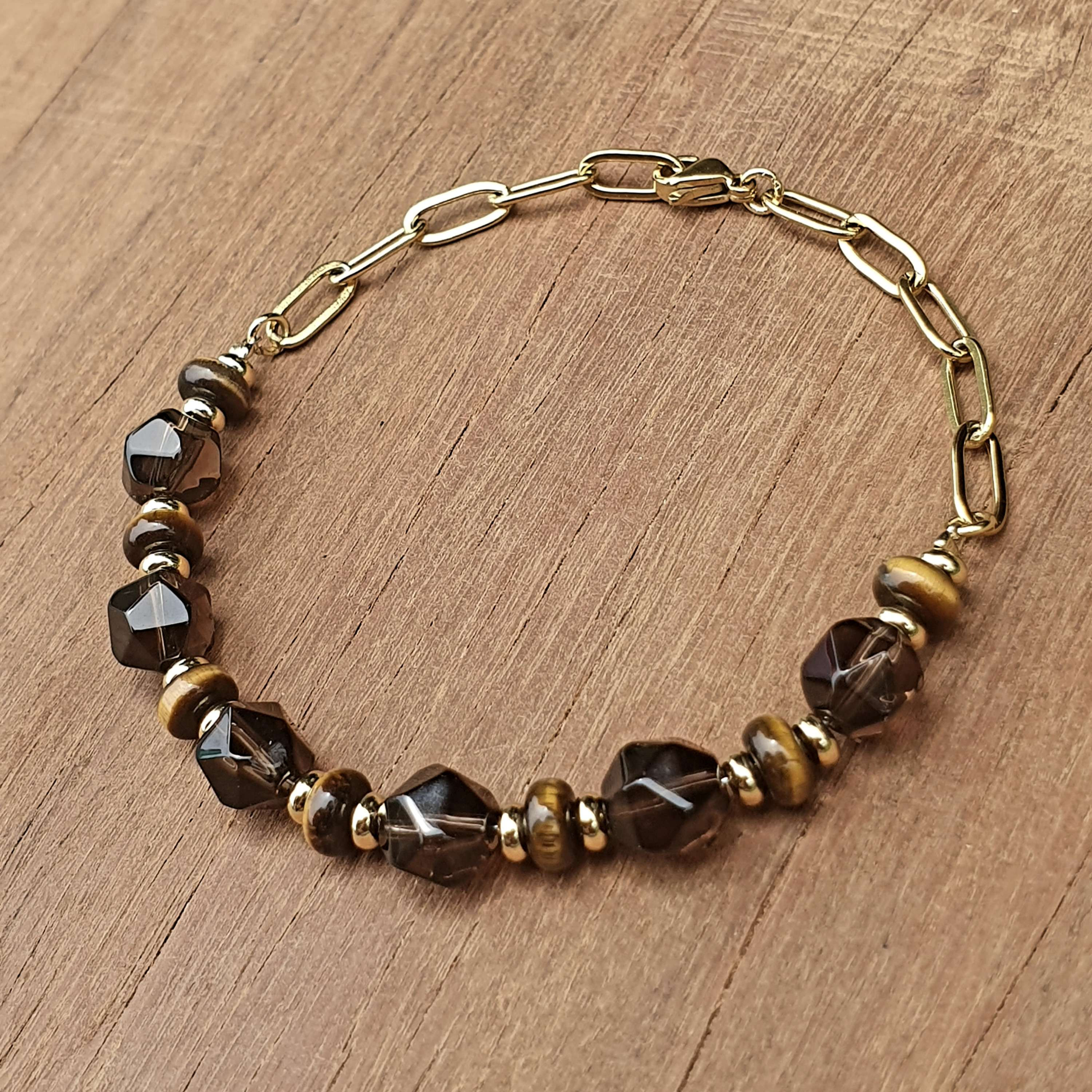 Faceted Smoky Quartz and Tiger Eye Unisex Bracelet in 18k gold plated steel 