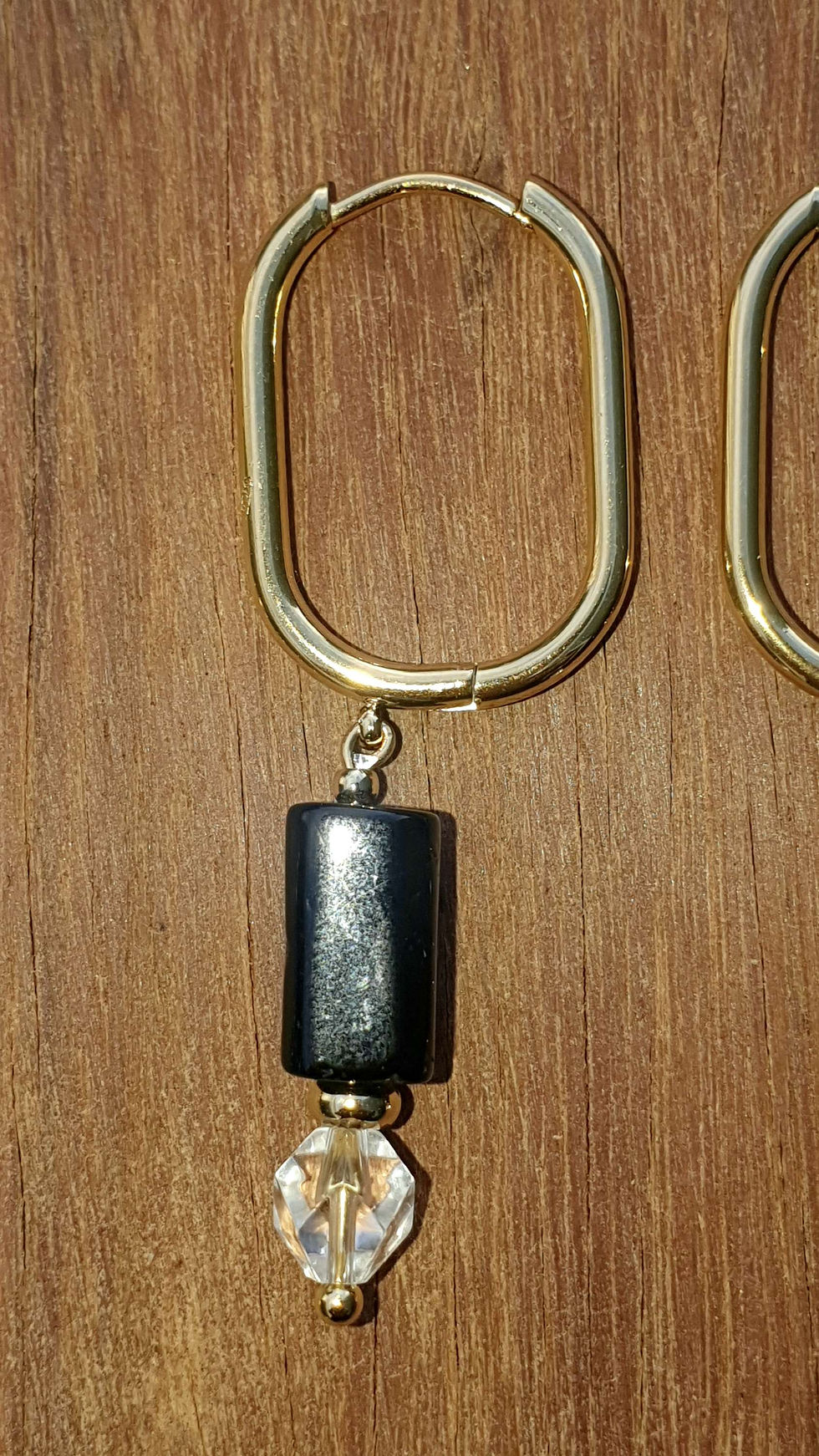 Thumbnail: Black Tourmaline and Clear Quartz Oblong Hoop Earrings