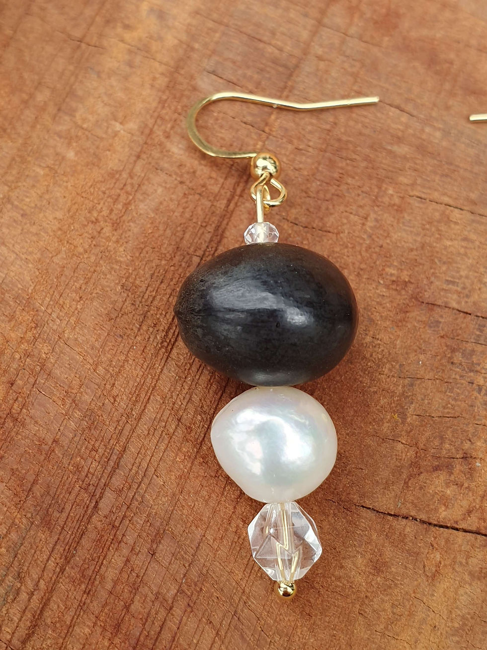 Thumbnail: Eat Love Pray earrings with Tibetan Prayer bead, Quartz and Pearl in gold #007E 