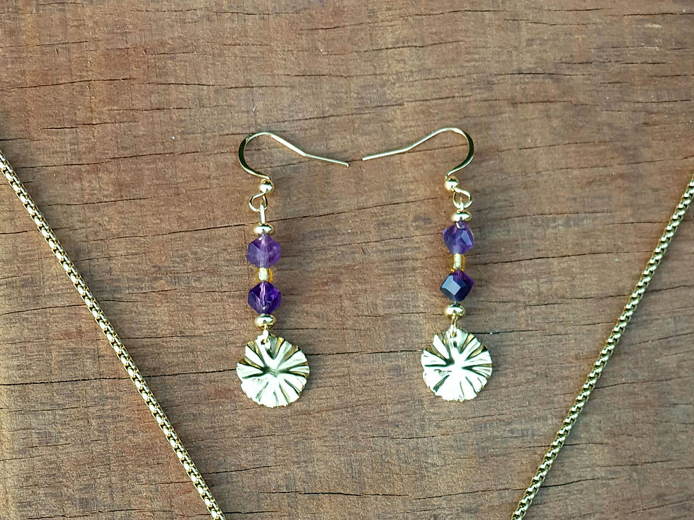 Thumbnail: Lotus and Amethyst Earrings 18k gold plated with golden glass beads 