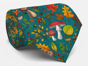 Review Autumn mushrooms, leaves, nuts and berries on blue neck tie
