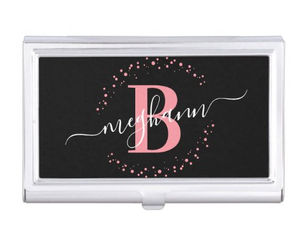 Best Deals! Girly Elegant Pink Black Name Monogrammed Script Business Card Case