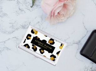 Big Deals! Glam Glitter Gold White Leopard Animal print Luxe Business Card Case