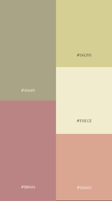 Warm earthy color palette featuring sage green, pale yellow, blush rose, peach, and soft cream tones.