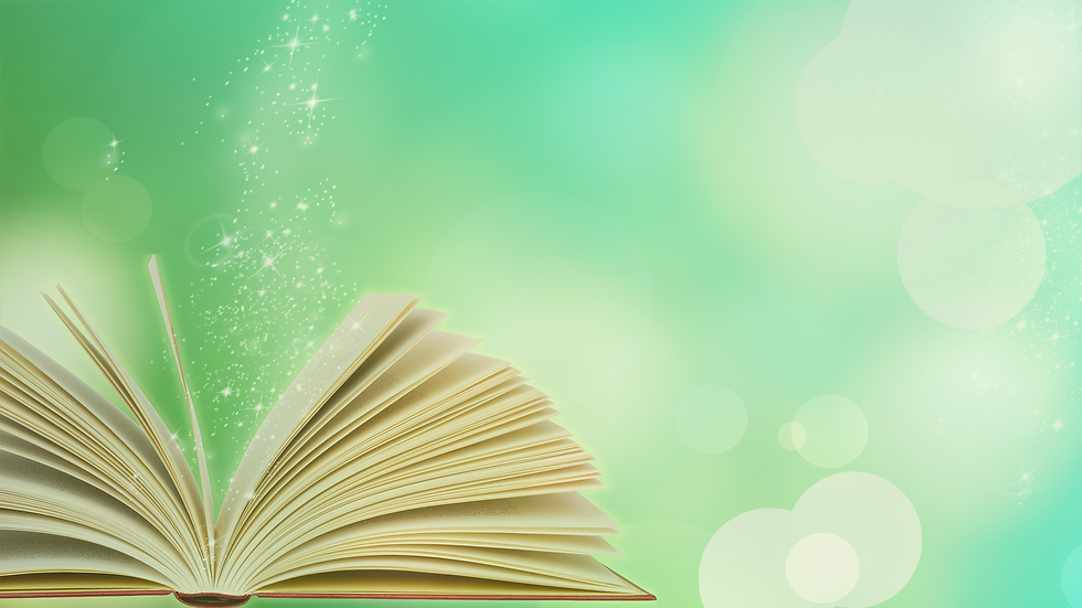 An open book with pages fanned out, glowing softly as sparkles rise from it against a light green, dreamy background, suggesting imagination, learning, and storytelling.