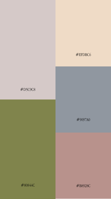 Soft muted color palette with dusty mauve, olive green, blush, beige, and blue-gray tones.