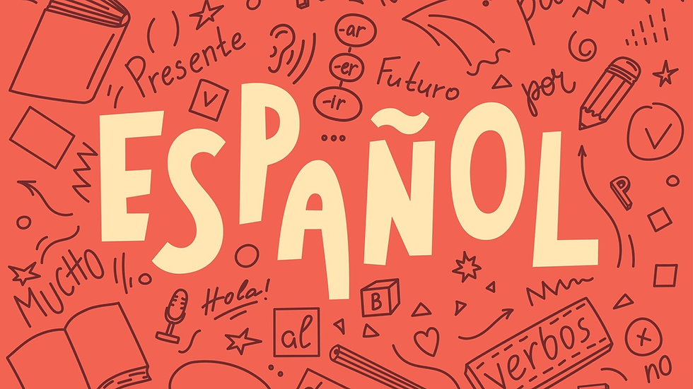 Illustrated Spanish-themed graphic with the word “Español” in large cream-colored letters on a coral background, surrounded by hand-drawn doodles of Spanish grammar notes and classroom icons such as verb endings (-ar, -er, -ir), “presente,” “futuro,” “por,” pencils, books, speech bubbles, stars, and the words “hola,” “mucho,” and “verbos.”