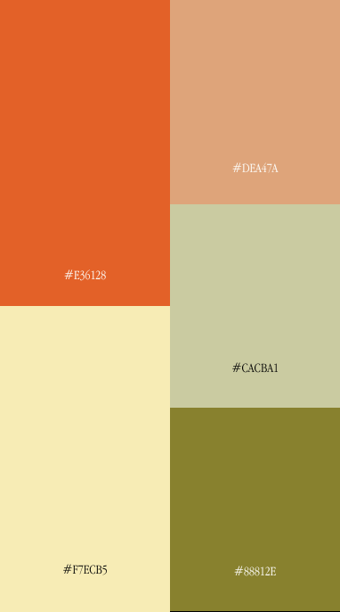 Color palette featuring citrus orange, peach, soft cream, sage green, and olive tones.