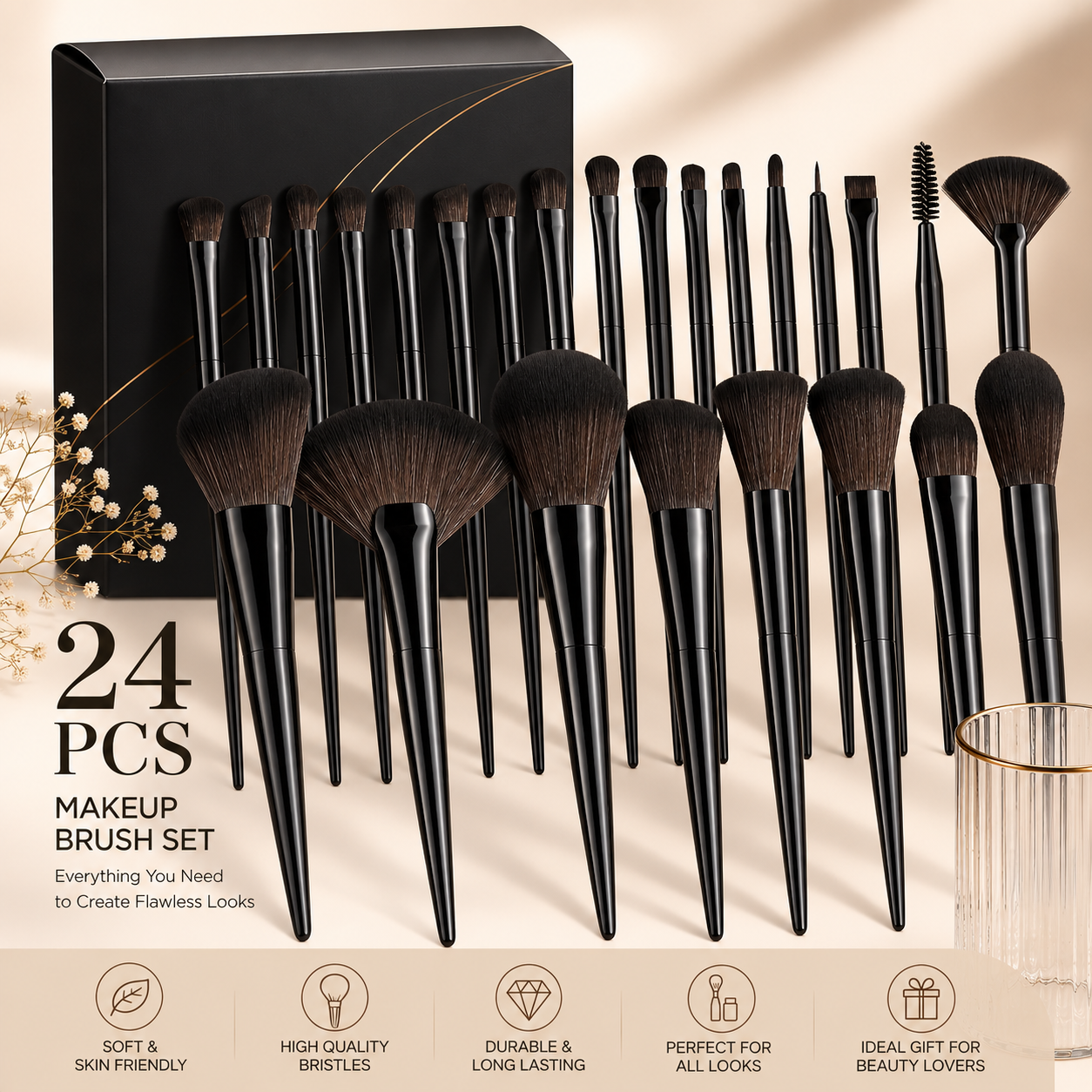 🖌️ 24-Piece Professional Makeup Brush Set, Soft, Cruelty-Free, Complete Kit for