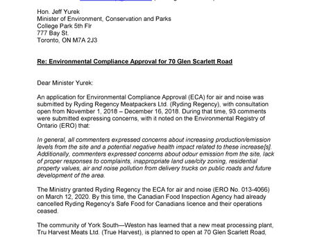 Letter to Minister Yurek re: Environmental Compliance Approval for 70 Glen Scarlett Rd