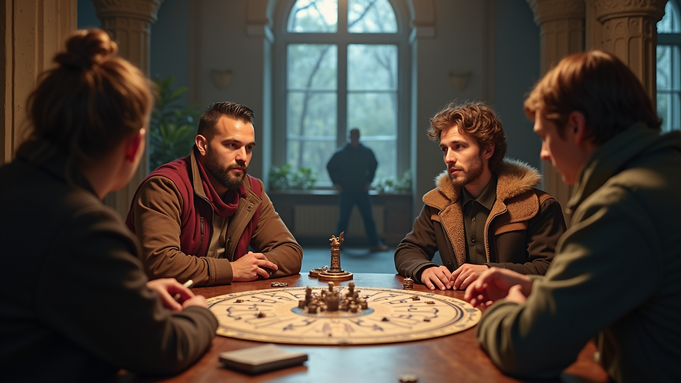 Eye-level view of a Dungeons & Dragons game setup with players engaged in a session
