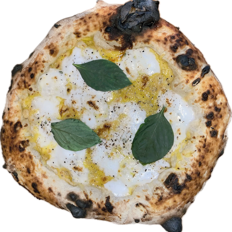 hearty white-base pizza, extra cheesy for vegan cheese lovers